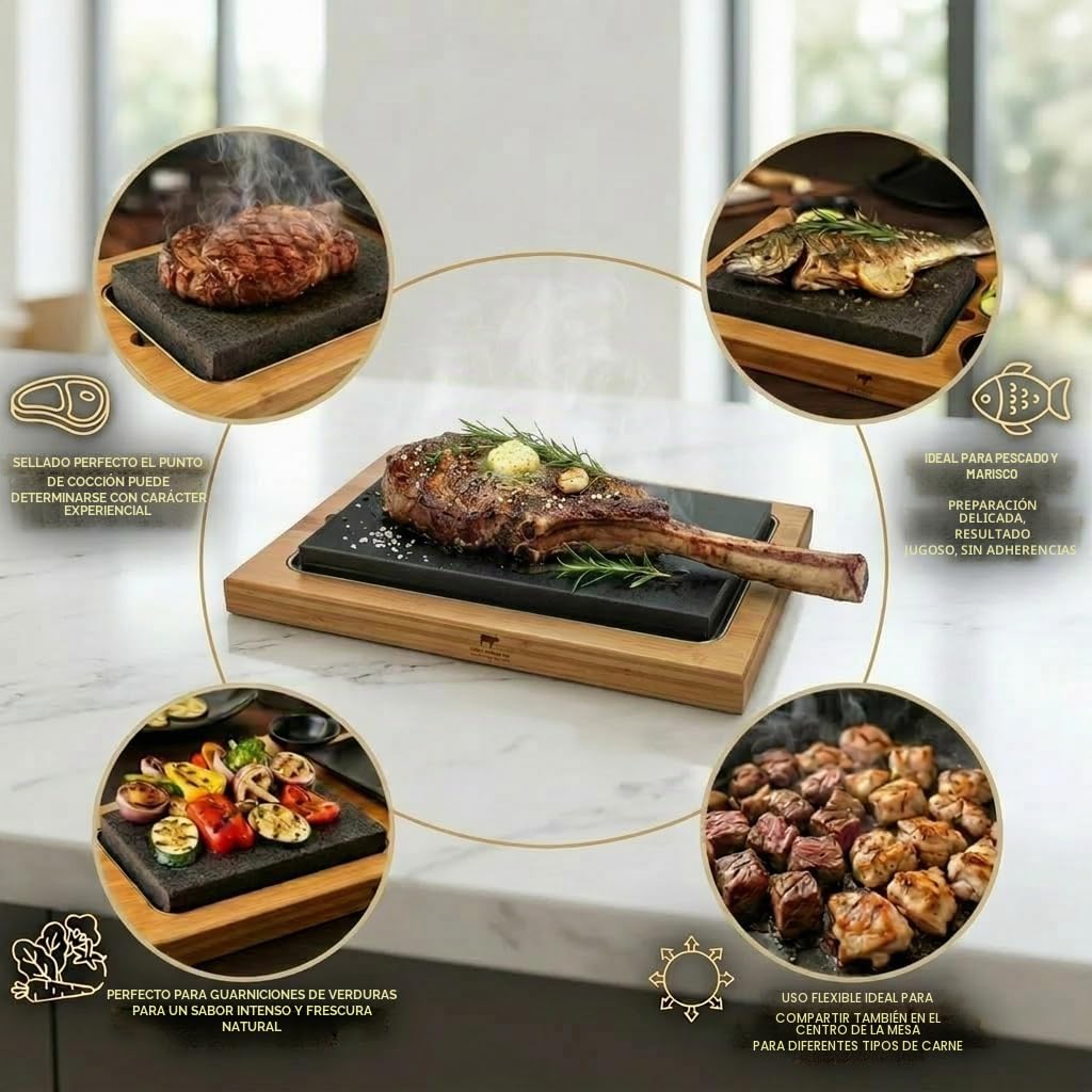 Tabla de carne de piedra de lava XXL, tabla de bambú, soporte de acero inoxidable, para asar carne, pescado y verduras sobre piedra caliente, talla XXL