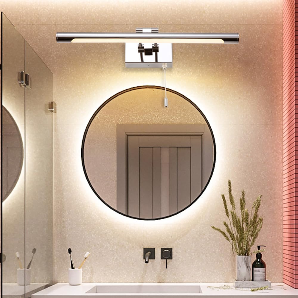 Lampada da parete cromata per trucco moderno, apparecchio di illuminazione per bagno sopra lo specchio, lampada frontale a specchio a LED con interruttore a catena, accensione/spegnimento rego