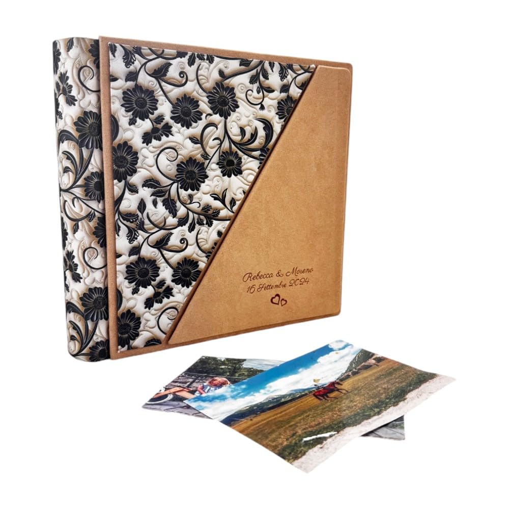 Álbum de fotos artesanal de tela estampada 3D y alcántara, personalizable con grabado, clásico con papel de seda, para boda, cumpleaños, boda, aniversario, comunión, eventos (Desierto/Negro)