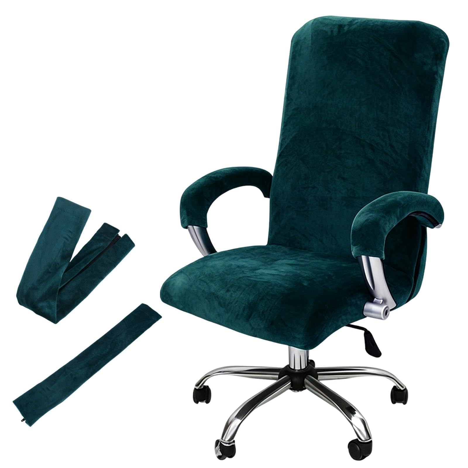 Set of 3 High Back Office Chair Cover, Stretch Polyester Velvet Computer Desk Chair Slipcover with 2 Armrest Covers, Universal Large Protector for Gaming Chair (Dark Green, XL)