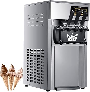 Commercial Countertop Ice Cream Machine, 1200W 3 Flavor Stainless Steel Soft Ice Cream Maker, 2 Hoppers, 16-18L/H, Auto Clean, LED Display