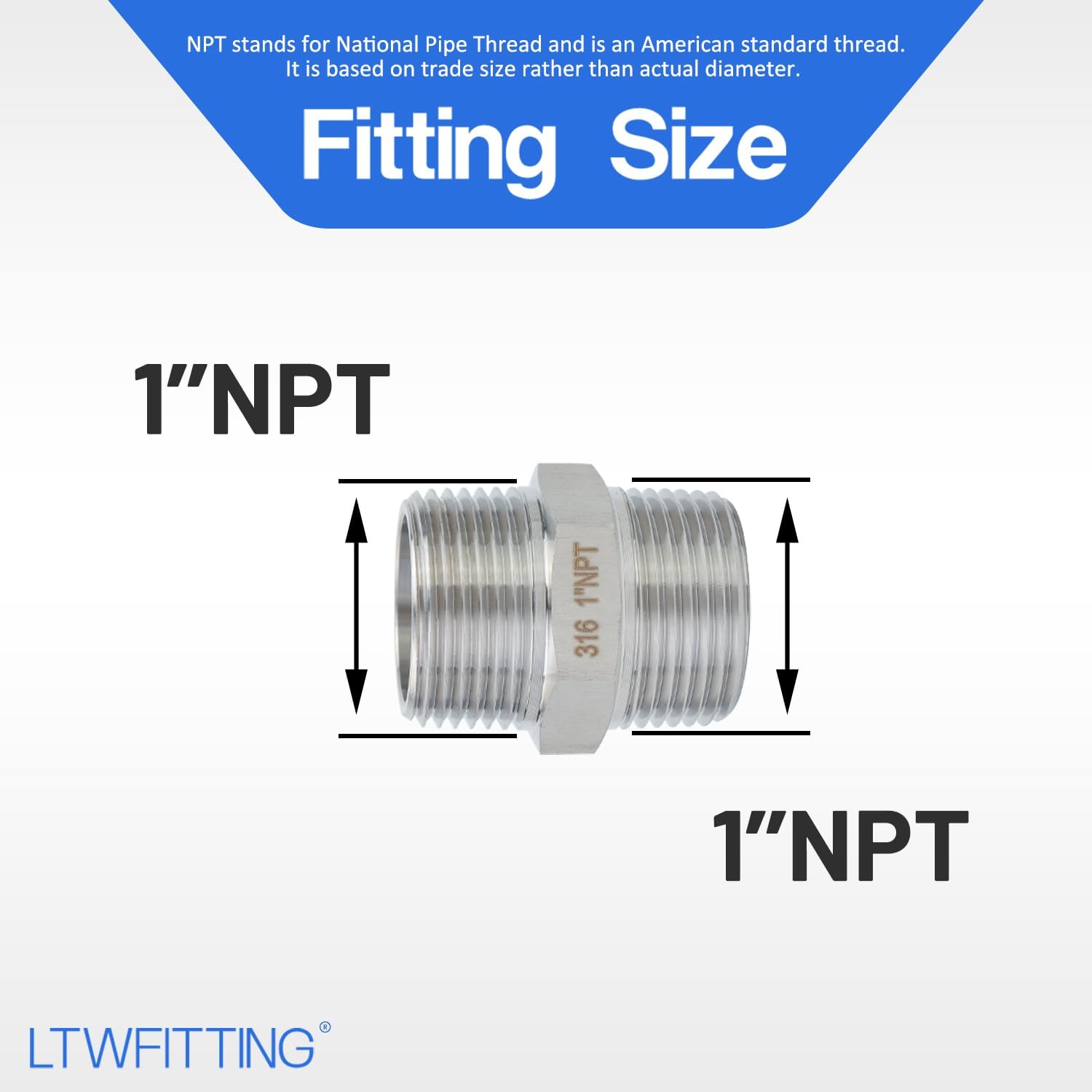 LTWFITTING Bar Production Stainless Steel 316 Pipe Hex Nipple Fitting 1" Male NPT Water Boat (Pack of 5)