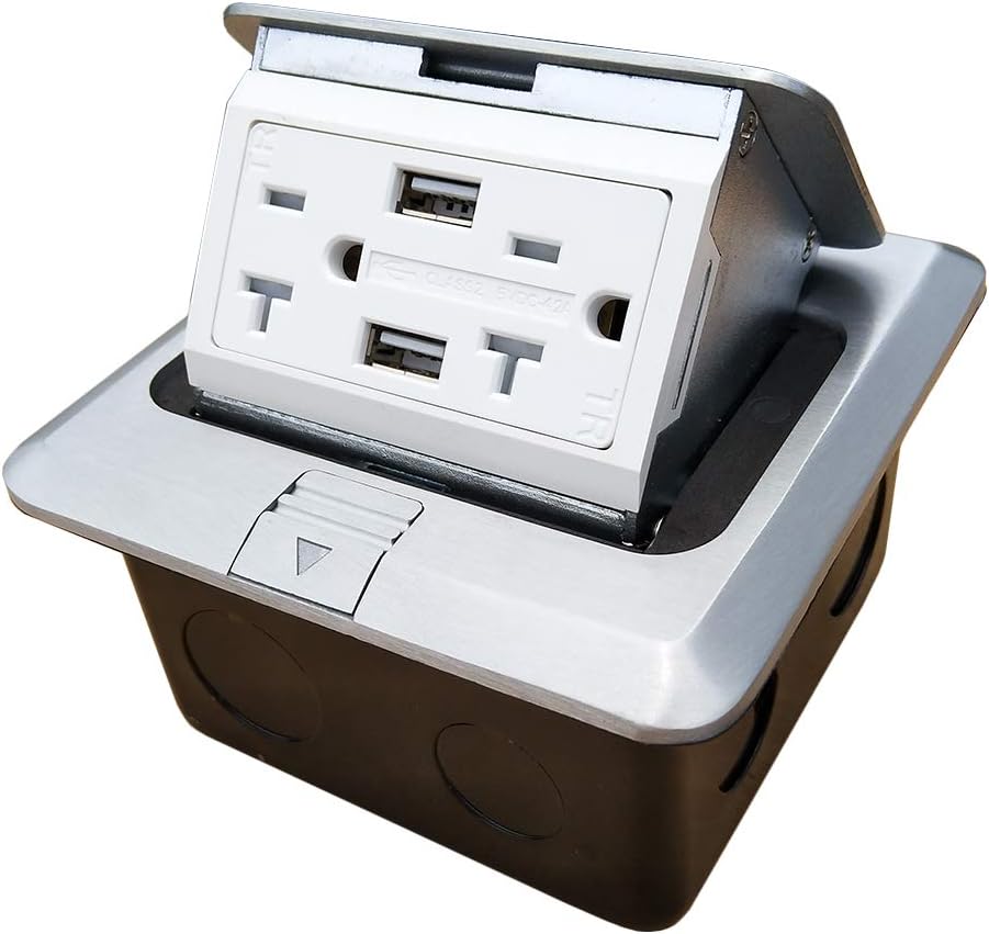 Pop Up Floor Electrical Outlet Kitchen Countertop Waterproof Sockets Pop Out Receptacle Stainless Steel Box Silver Cover with USB Chargers