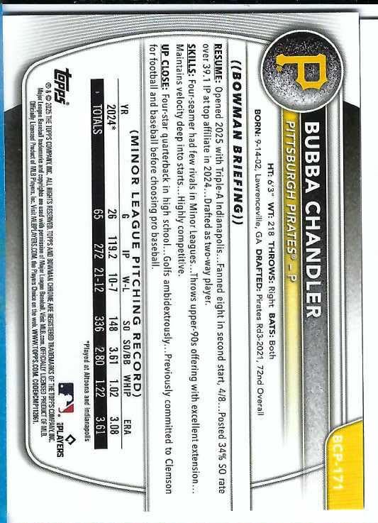BUBBA CHANDLER 2025 Bowman Chrome Prospects #BCP-171 Rookie Baseball Card RC Pittsburgh Pirates