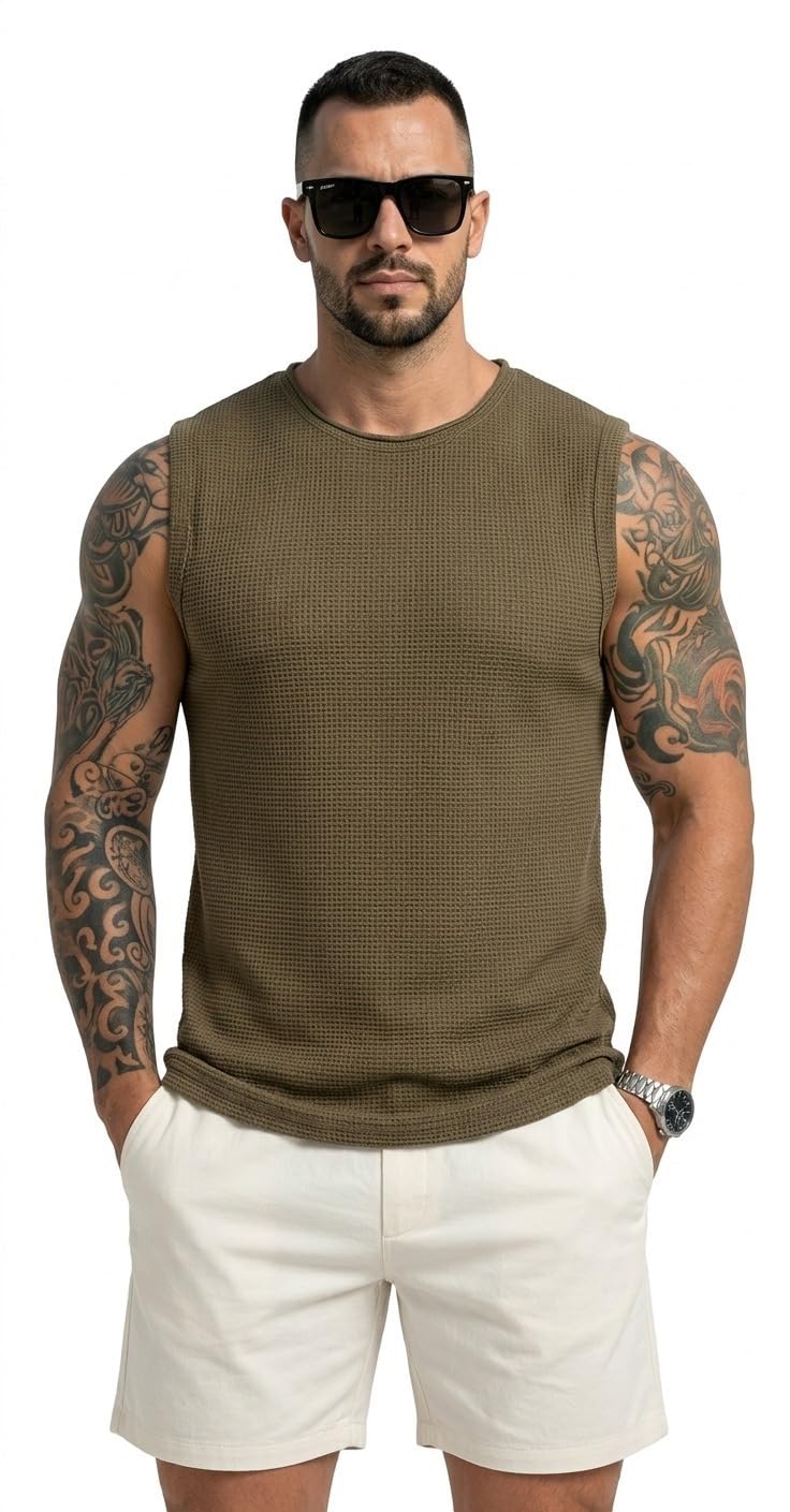 funahme Men's Sleeveless Waffle Tank Top Vest, Round Neck, for Sports, Gym, Workout, Fitness and Casual Wear-picture-34