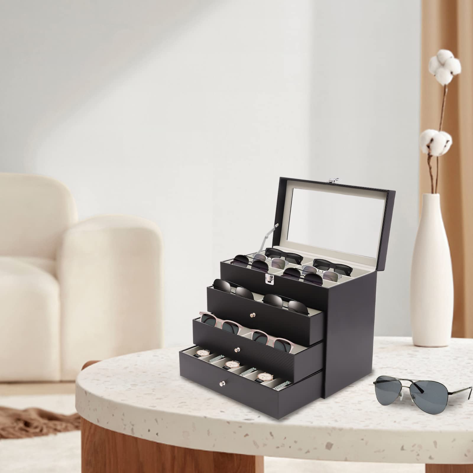 Caja para gafas, caja de joyas, caja de relojes, organizador, vitrina, terciopelo, 4 niveles, tapa de cristal de 33,5 cm, tapa de cristal para gafas de sol, reloj, anillo, pulsera, cómoda