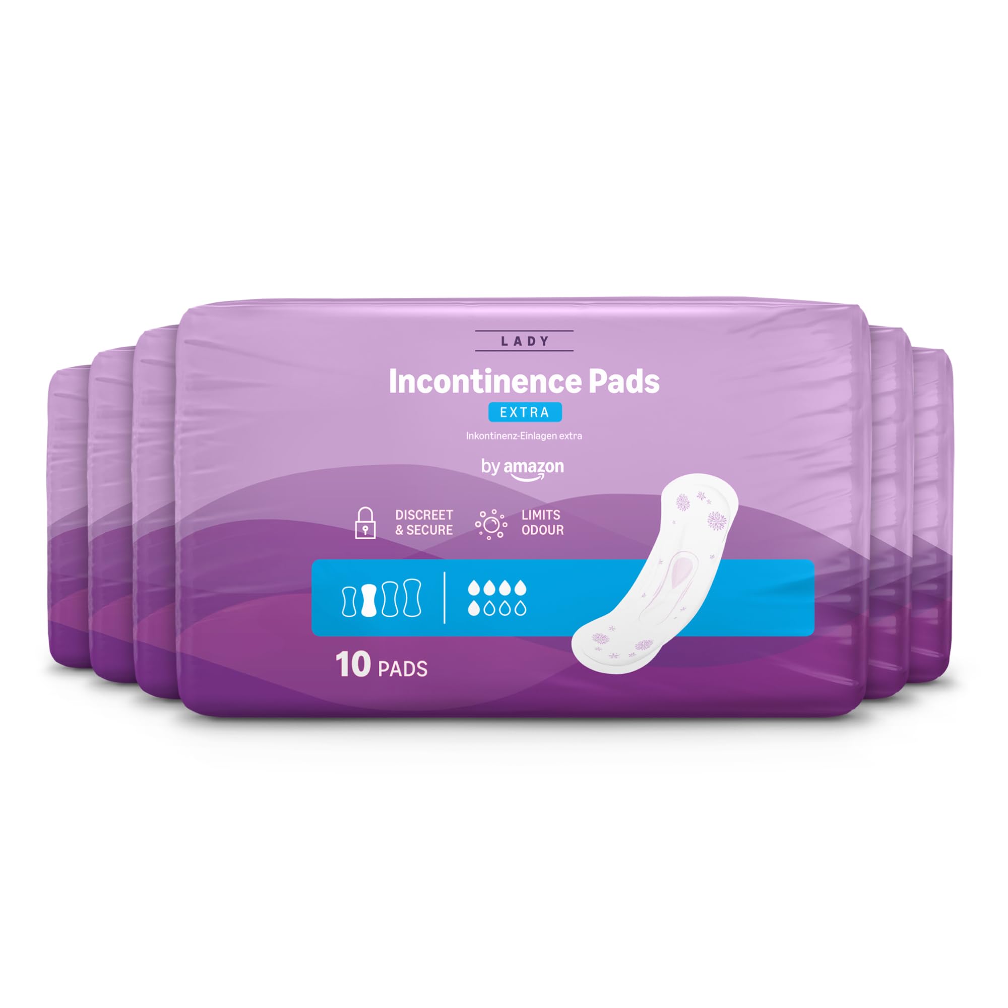 by Amazon Extra Incontinence Adult Pads, 60 Incontinence Pads (6 Packs of 10 Pads), Individually Wrapped, Unscented