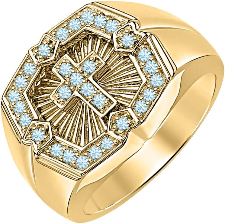 0.40 CTW Round Cut Aquamarine 14k Yellow Gold Plated Cross Ring for Men's.