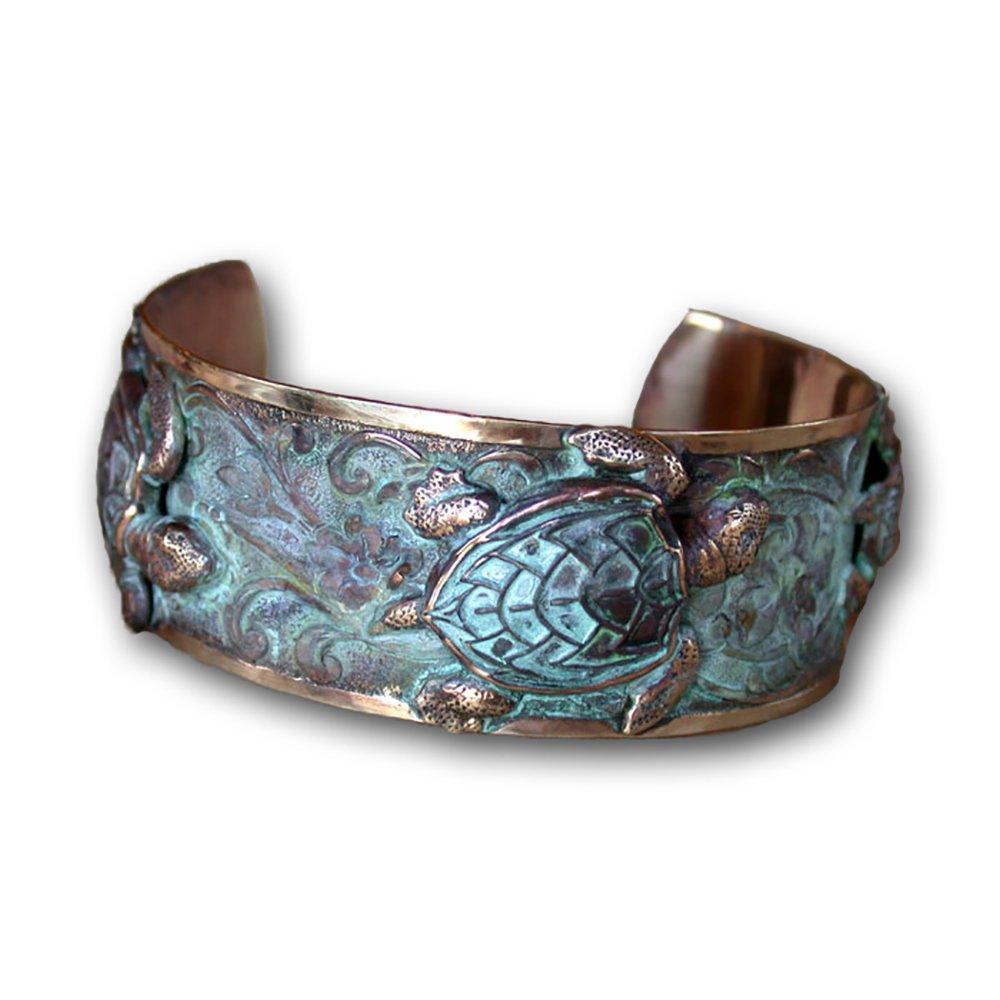 Elaine Coyne Collectible ArtwearClassic Sea Turtle Cuff Bracelet - Verdigris Patina Brass
