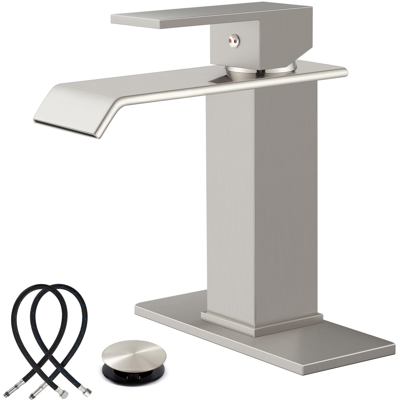 Sxithgkdw Brushed Nickel Waterfall Bathroom Faucets, Single Handle 1 Hole Bathroom Sink Faucet Modern Rv Vanity Restroom Lavatory Basin Faucet With Pop Up Drain And Water Supply Lines,
