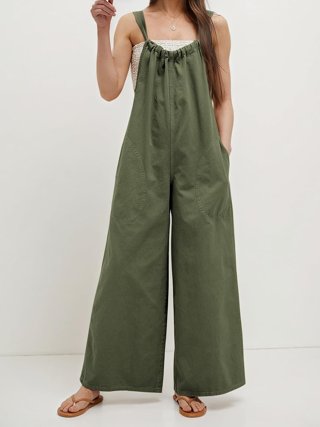 Women's Cotton Loose Overalls Summer Back Tie Wide Leg Jumpsuits Backless Sexy Rompers with Pockets - Image 3