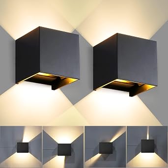 CANMEIJIA Outdoor Wall Lights 12W Black Outside Wall Light 3000K 2-Pack | Mains powered 12W 3000K warm glow sconce with adjustable 20 to 150 degree beam angle to customize outdoor porch lighting. [Energy Class A]