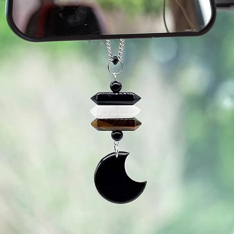 Moon Crystal Hanging Car Charm,Cute Healing Stones Car Decor for Rear View Mirror,Boho Handmade Sun Catcher Ornament Accessories,Tiger Eye Black Obsidian Hematite Quartz Crystal Protection for Women