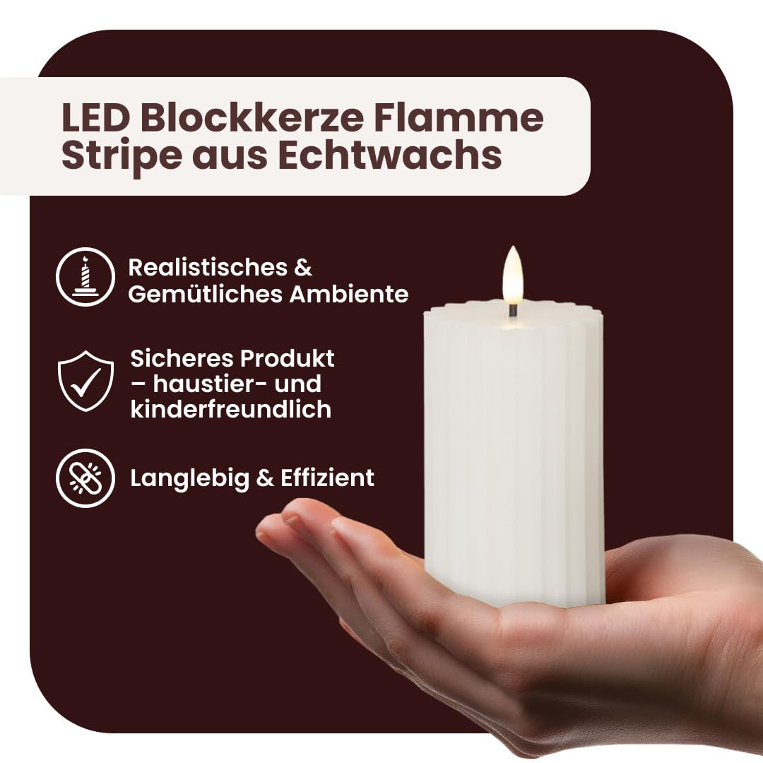 Wax LED Block Candle Flame Strip, White, 7.5 cm (W) x 7.5 cm (D) x 15 cm (H) - Image 2