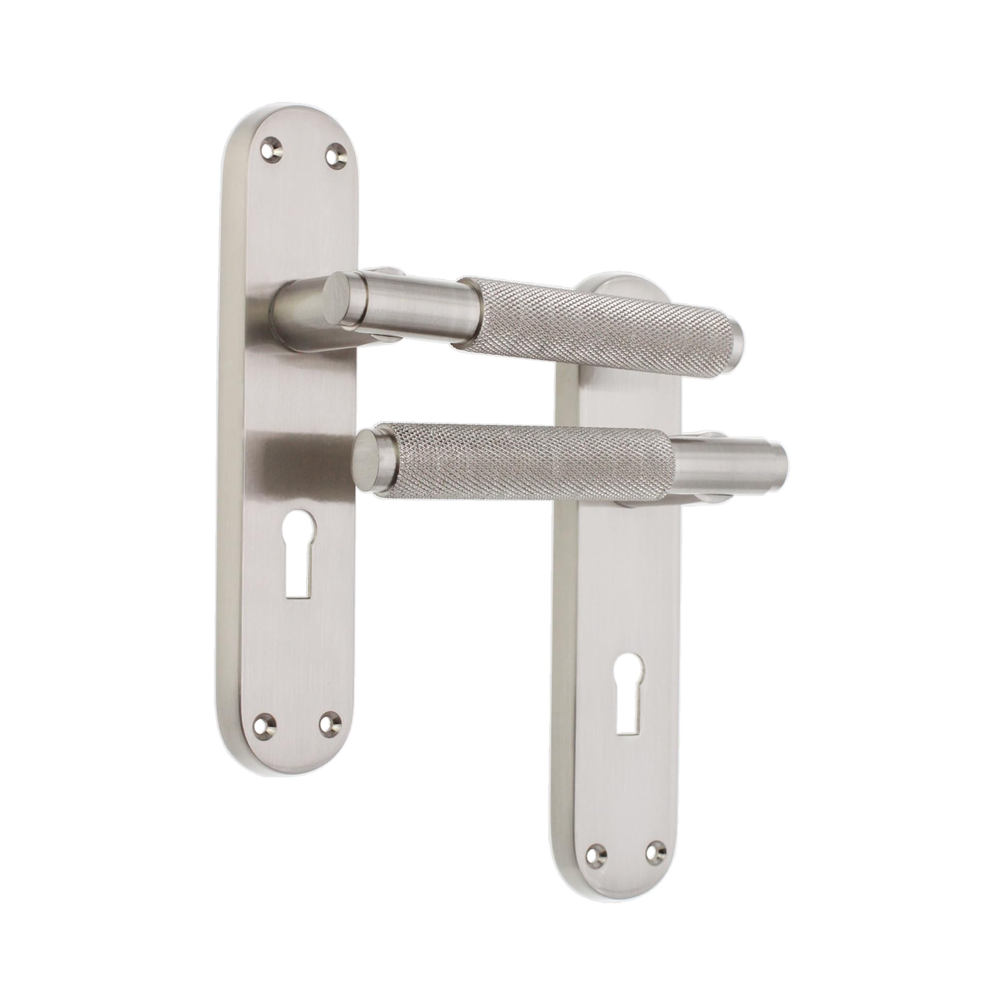 Infinity Decor Pair of Knurled Lever on Keyhole Backplate Lock Door Handles Set - Ideal for Interior & Exterior Doors (Satin Nickel)