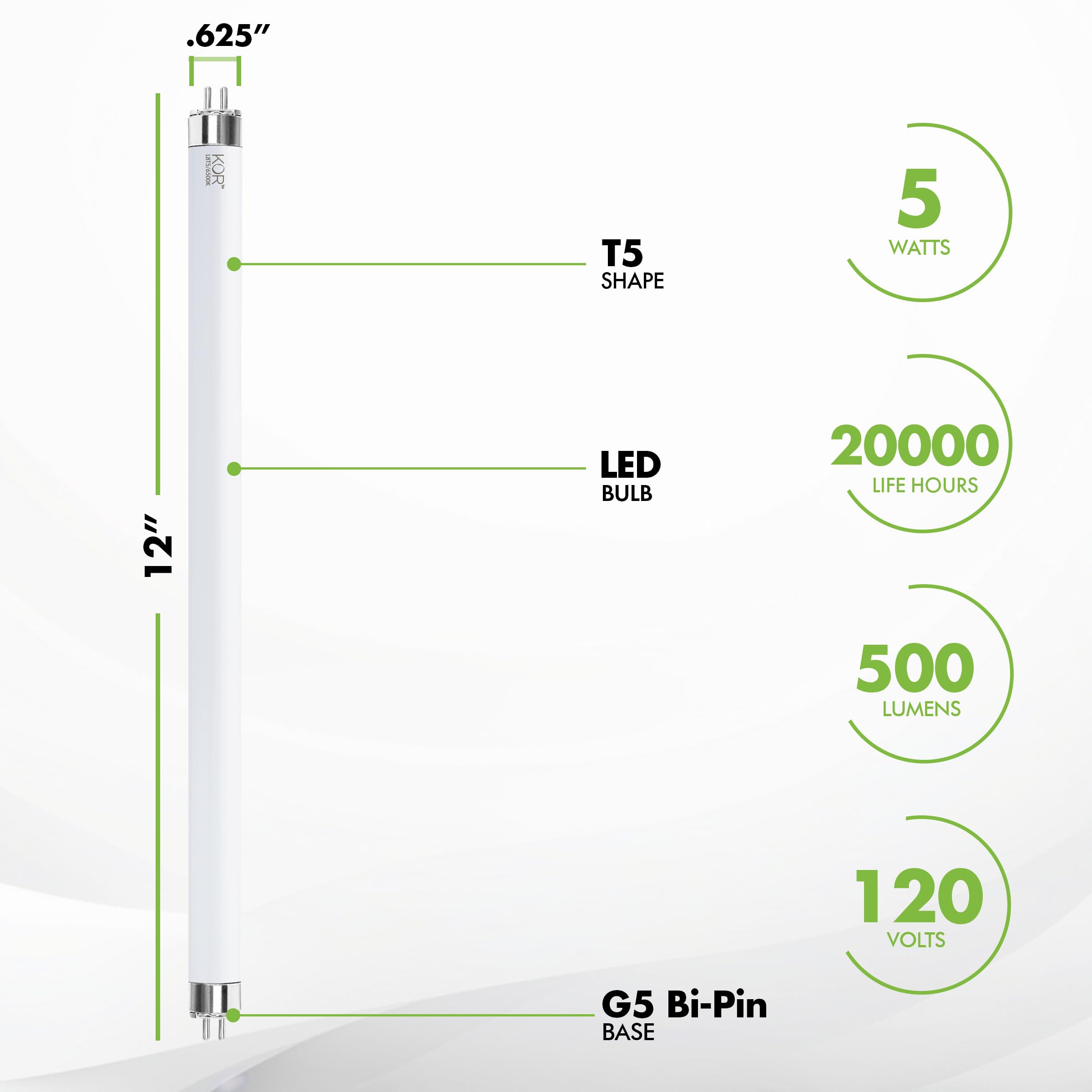 KOR F8T5/DL T5 LED Tube Light Bulbs, 12-Inch, 5W, 500 Lumens, 4