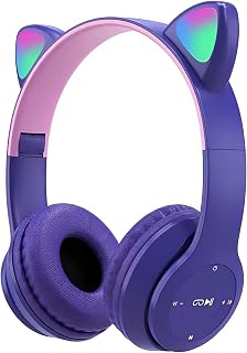Yissone Kids Wireless Headphones Bluetooth 5.0 Wireless Headphones Over-ear Foladable Headphones Cat Ear Game Headset with LED Light for Studying Gaming Traveling