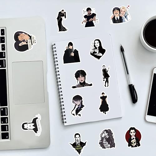 Miniatura 6 de Wednesday Addams 50 unidades calcomanías para botellas de agua calcomanías impermeables de vinilo para laptop copa monopatín teléfono álbum de