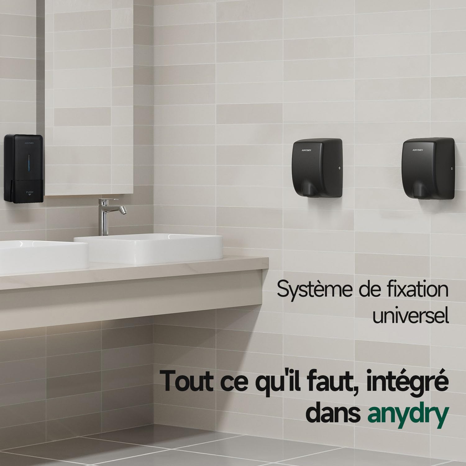 anydry Sèche-Mains 2803Y Mini, Flux d'air Haute Vitesse 1350W, Finition Acier Inoxydable Noir Mat, Gain de Place pour Usage Professionnel & Domestique(Mat Noir)