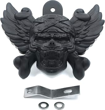 MT246-010- Black Skull Zombie with Wing Cross Bone Horn Cover Compatible with 1992-2005 2006 2007 2008 2009 2010 2011 2012 2013 2014-2020 H-D with Side Mount"Cowbell" and all V-rods