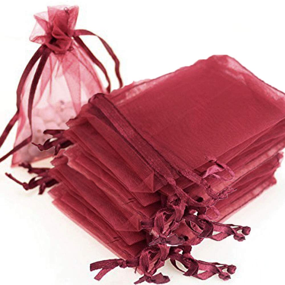 Time To Sparkle Burgundy 100 Pack Organza Gift Bags Wedding Party Favour Jewellery Packing Pouches, 13X18cm