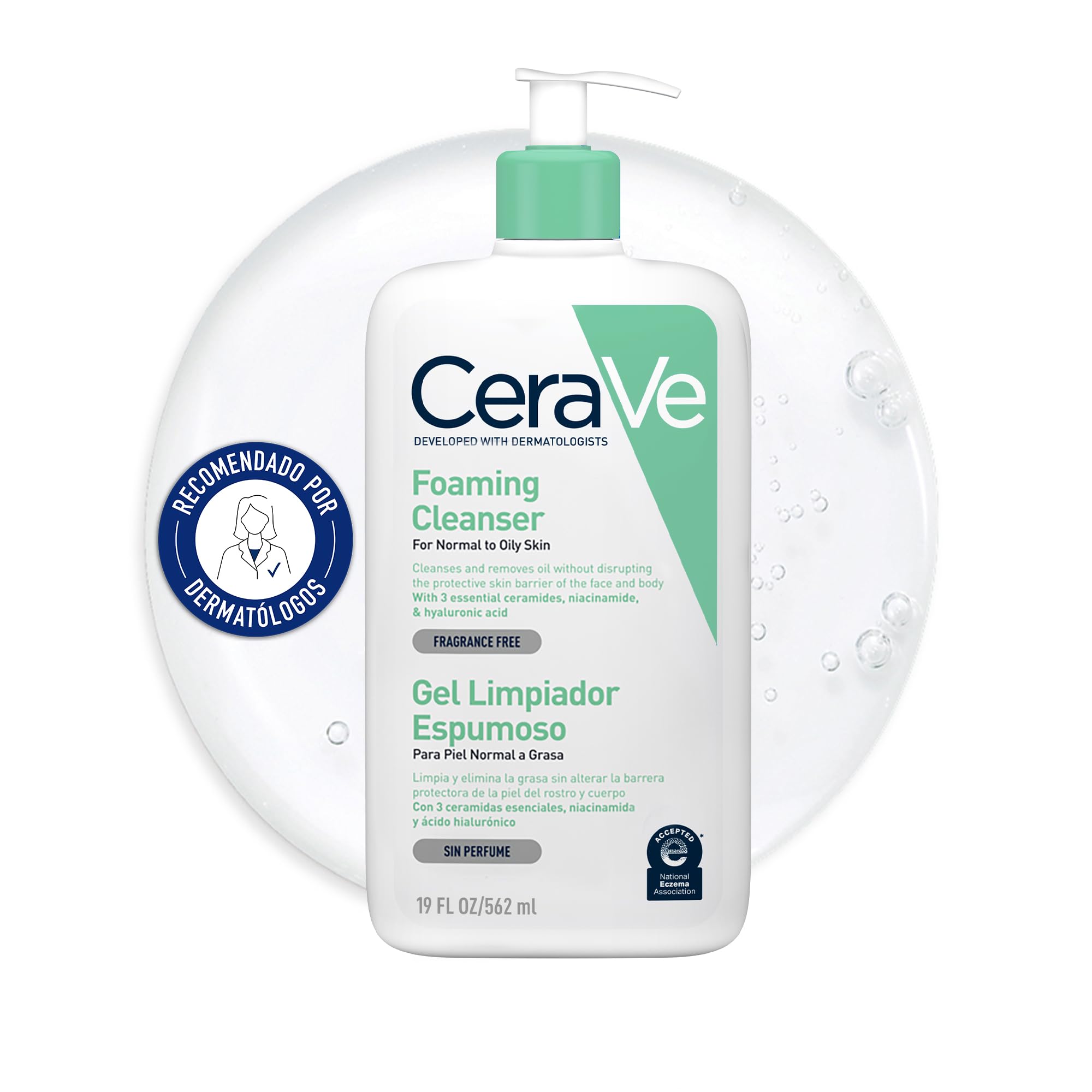 CeraVe Gel Limpiador Espumoso, Elimina el exceso de grasa y suciedad, Enriquecido con ceramidas esenciales, Niacinamida y Ácido Hialurónico, Apto para rostro y cuerpo, Para piel normal a grasa, 562ml