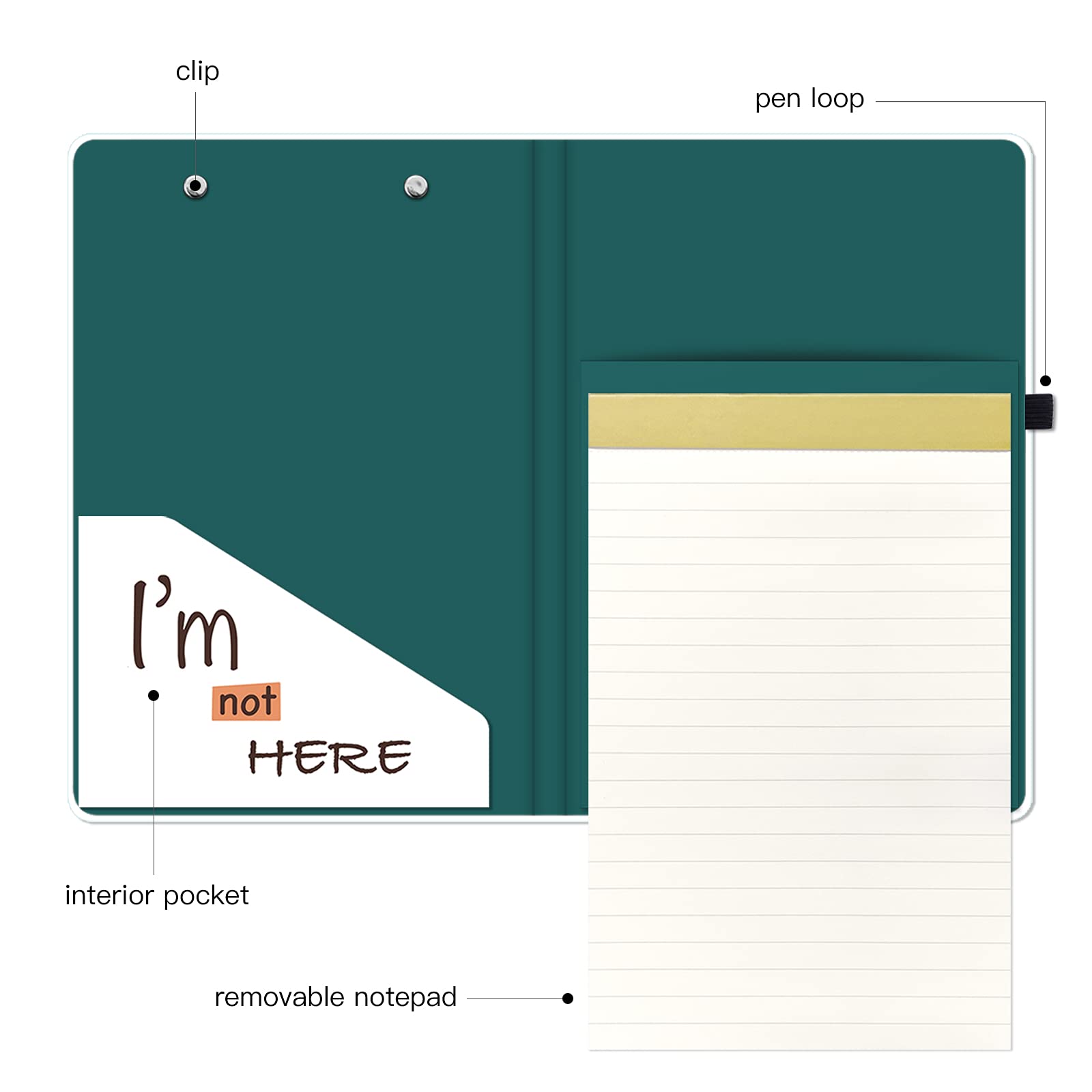 Hongri Mini-Klemmbrett mit nachfüllbarem liniertem Notizblock und Innentasche für Studenten, Klassenzimmer, Büro, Frauen, Mann, Standard A5 Größe 15.2x22.9 cm, Not Here