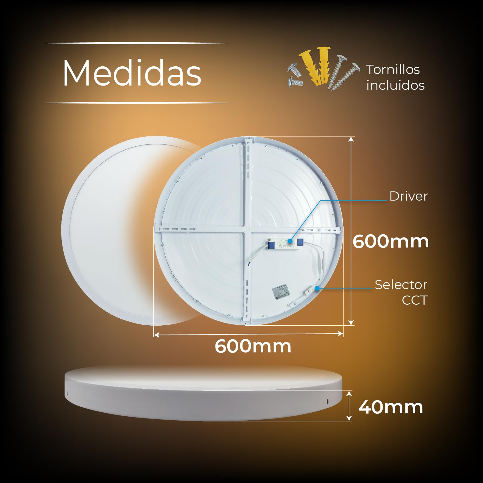 LED ATOMANT Plafon LED Superficie 60cm 48W CCT 3000-6500K 5500lm | Con Selector de color CCT, Driver incluido