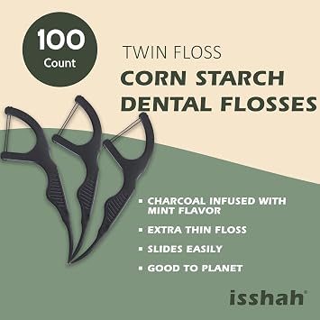 Isshah Twin Floss Natural Dental Floss Picks - 100 Count - Charcoal | PETA approved, charcoal infused, mint flavored, plant-based, vegan. Twin thread flossers for interdental care. Eco friendly.