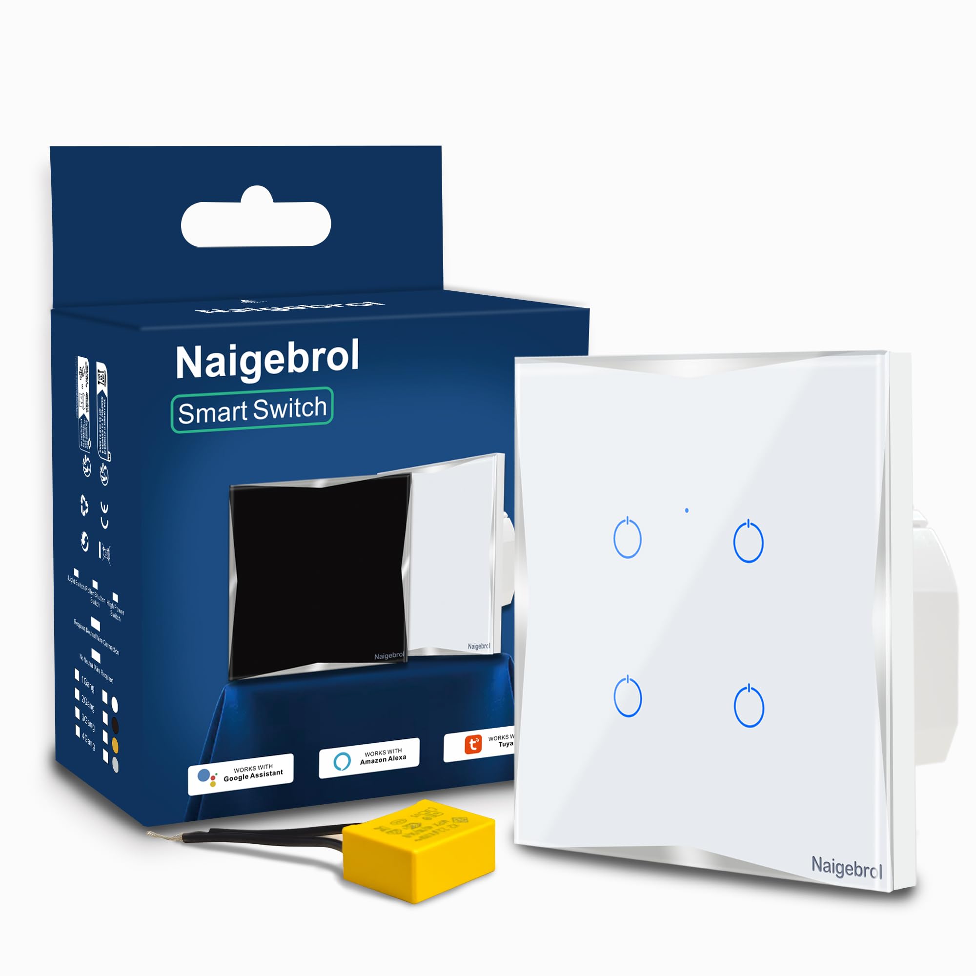 Interruptor de luz inteligente con wifi táctil, cristal blanco y plateado, 1-4 velocidades, para instalación con o sin neutro, control por voz Alexa Google (blanco, 4 aumentos)