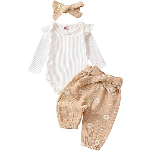 Kaipiclos Newborn Infant Girl Clothes Rib Knit Romper Daisy Print Pants Headband Baby Clothes for Girls 0 3 6 12 18 24 Months