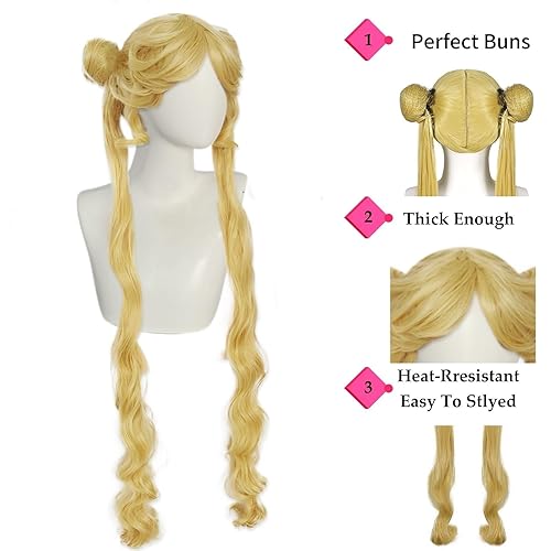 Miniatura 5 de Ebingoo Peluca rubia para niñas con dos colas de caballo, peluca de luna marinera + gorra de peluca, pelucas largas rubias con coletas con moños