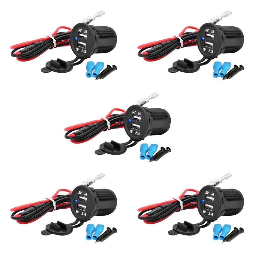MMOBIEL Packung mit 5 Universal-USB-Ladegeräten, wasserdicht, 2 Steckdosen mit Blauer LED-Anzeige, mit 2 USB-Buchsen, Davon 1 x Schnellladung 2,1 A, 12 V, zur Verwendung auf Booten, Motorrädern,