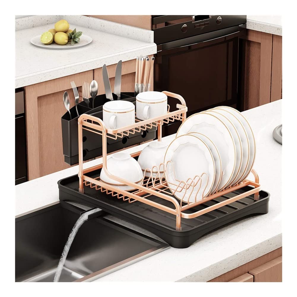 Escurridor de platos, soporte de fregadero de aleación de aluminio de doble capa, escurridor organizador, soporte para platos y estante de almacenamiento de cubiertos para
