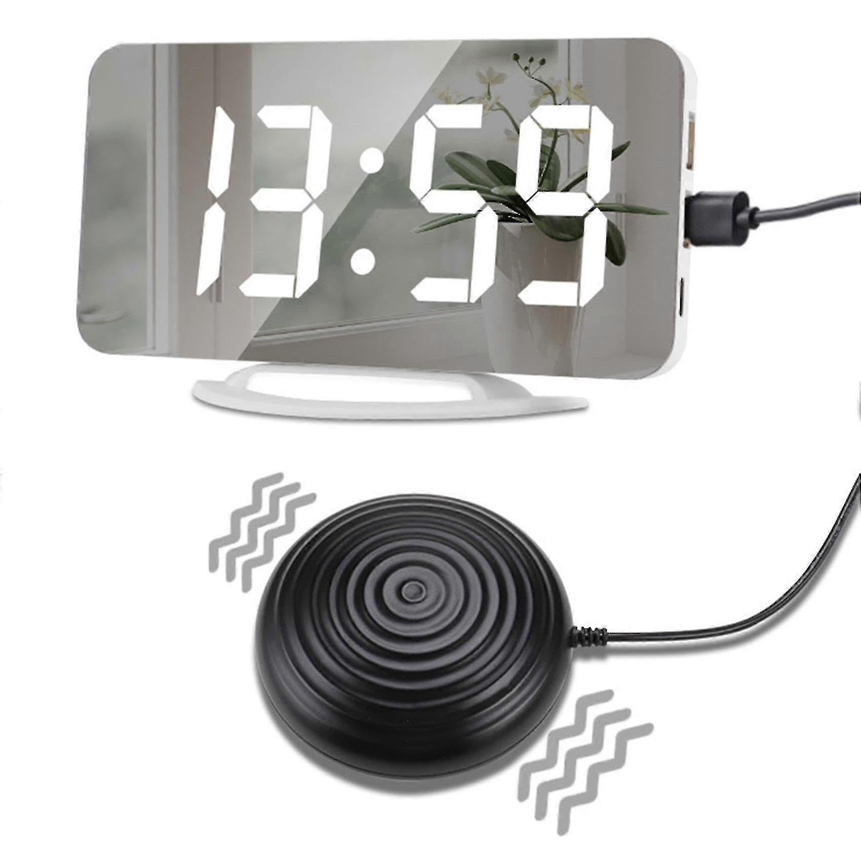 Reloj despertador vibratorio fuerte para adultos sordos durmientes pesados, reloj digital con espejo con agitador de cama