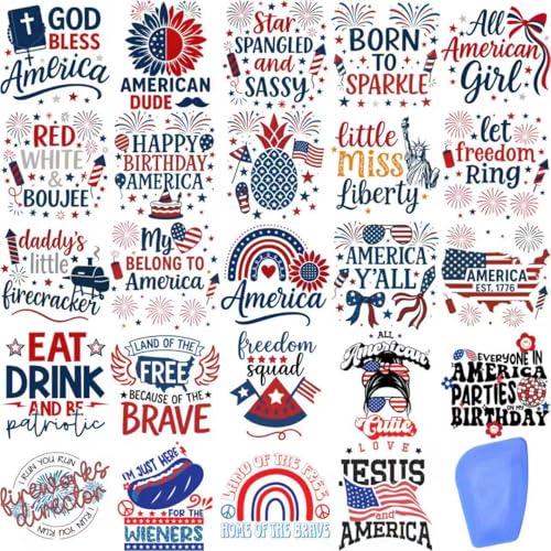 Image of ZMRU 24 Sheets Vintage America 250 Rub On Transfers for Crafts, Rub On Transfers for Wood,Furniture Decals, Glass, Porcelain, Leather, Canvas, Fabric Projects,3 * 3inch(4Th of July)
