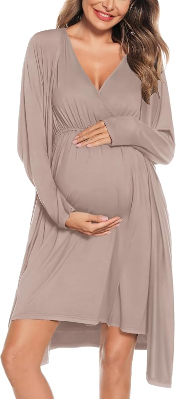 SWOMOG Bata y bata de maternidad para mujer, conjunto 3 en 1, camisón de lactancia para parto, albornoz de hospital para lactancia