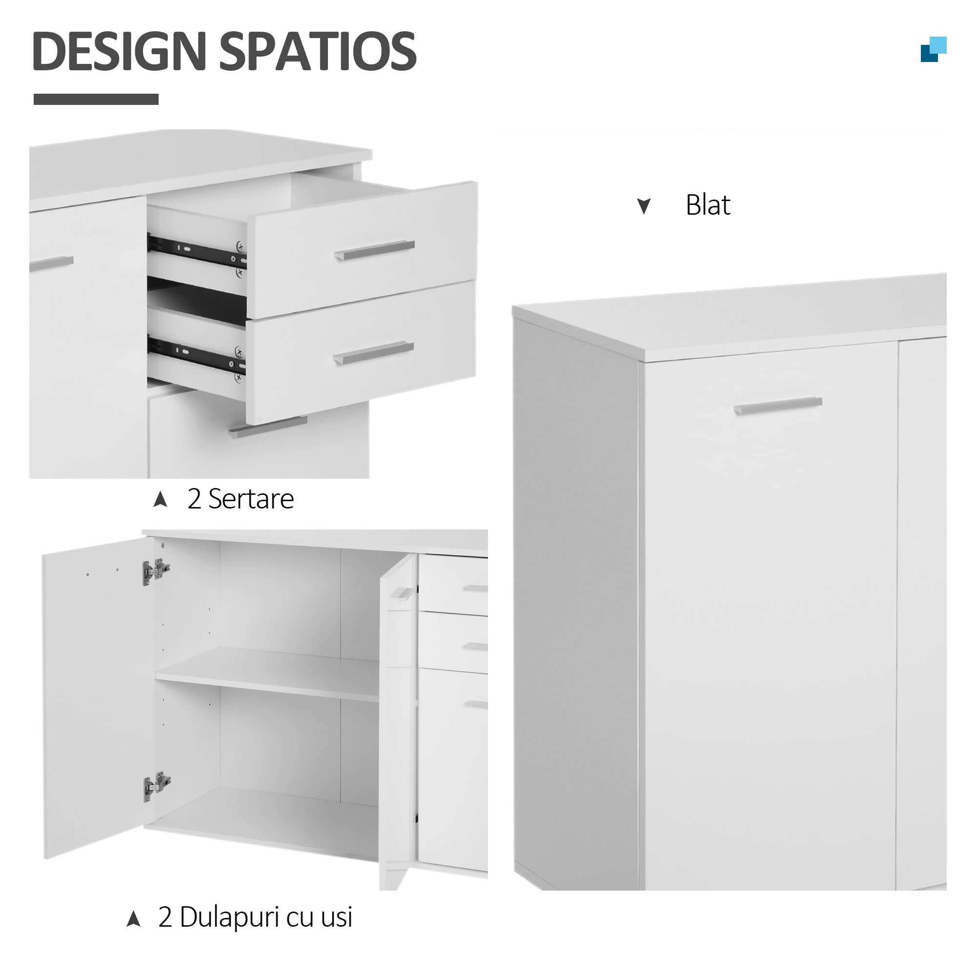 Buffet HOMCOM Blanc Brillant - 80x40x80 Cm, 2 Portes Amorties, étagère Réglable, Rangement Salon Salle à Manger