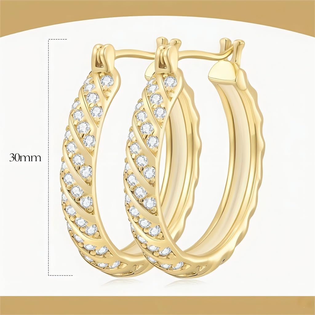 14K Gold Hoop Earrings for Women 14K Gold Earrings Jewelry Spiral Cubic Zirconia Thick Hoops Hypoallergenic Womens Huggie Earring 25/30MM