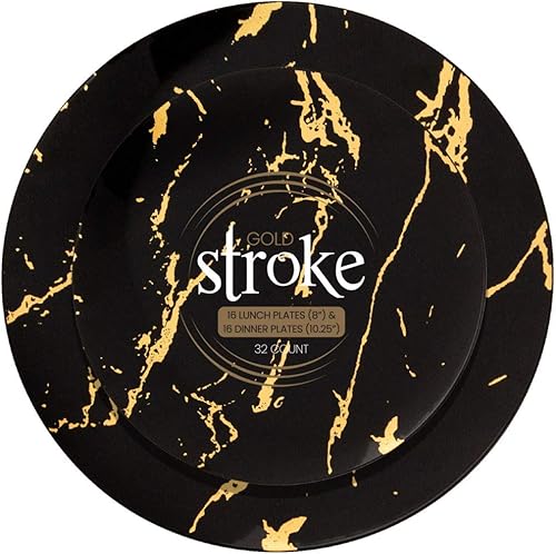 Gold Stroke Black Plate Combo, paquete de 32  Incluye 16 platos de almuerzo (7.5 pulgadas) y 16 platos llanos (10.25 pulgadas)  Platos de plástico