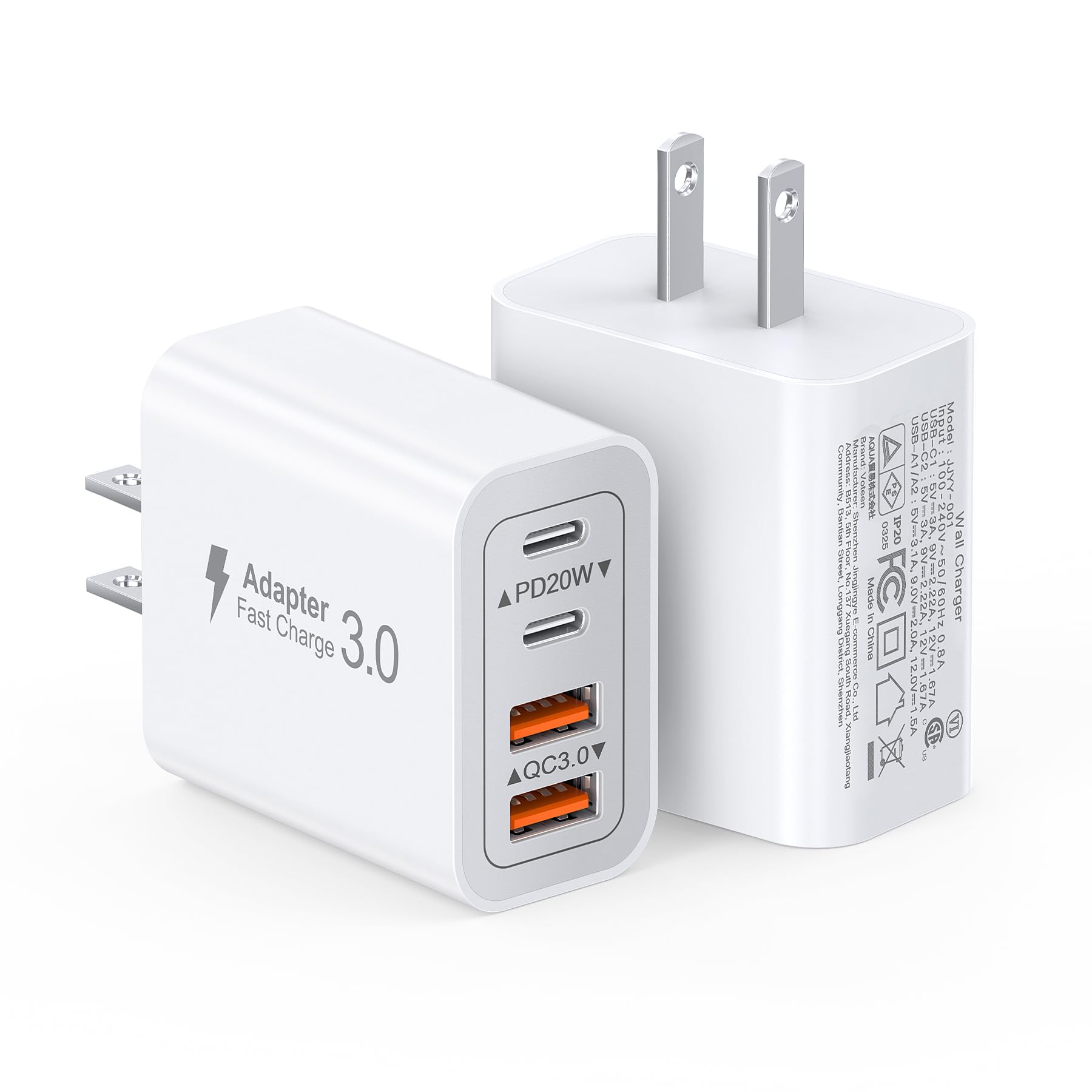 40W USB C Charger Block, 2-Pack 4-Port Type C Fast Charging Brick Dual PD&QC Wall Plug Adapter Compatible for iPhone13/14/15/16/17 Pro/Pro Max/iPad, Airpods, iwatch, Samsung Galaxy