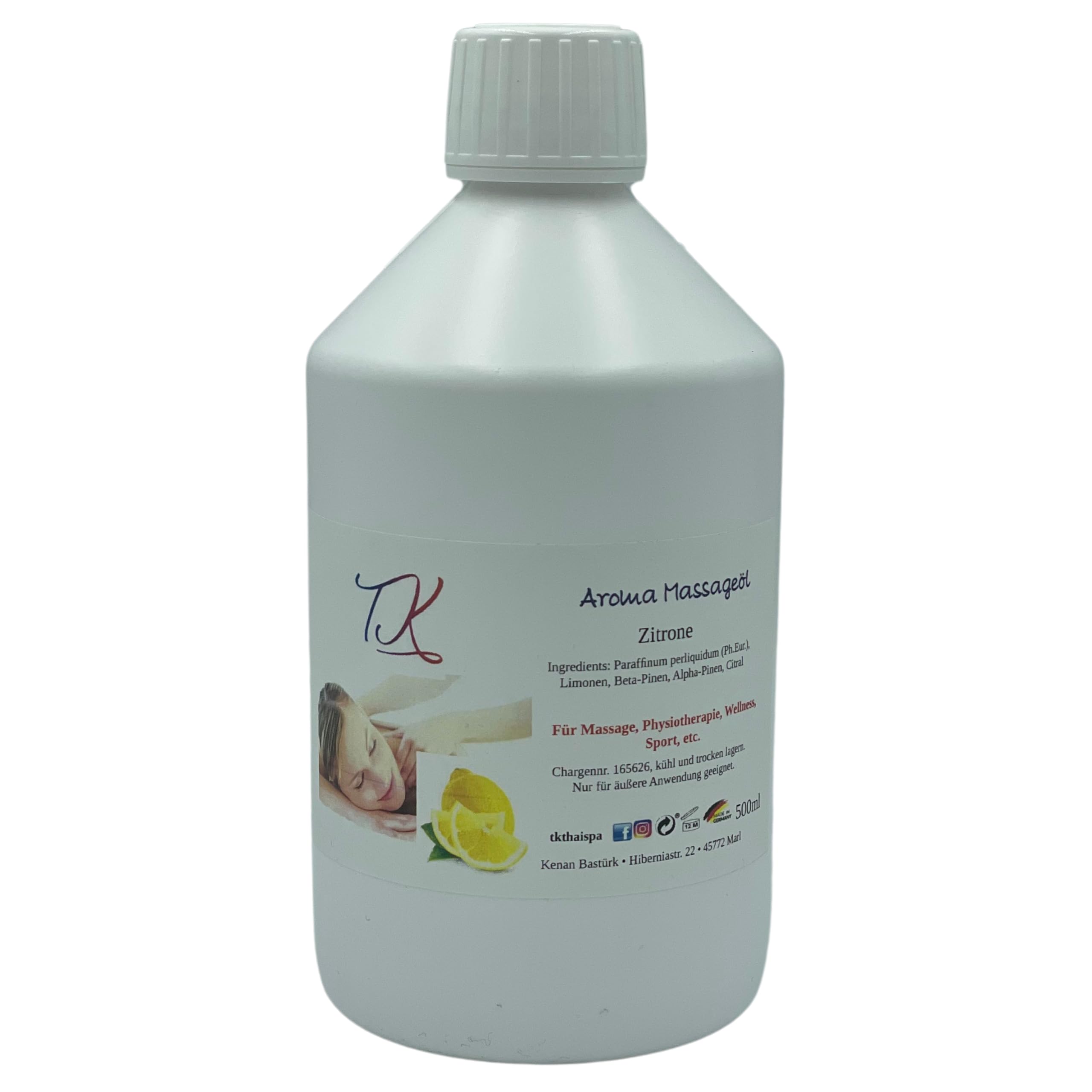Lot de 9 huiles de massage aromatiques (2 x 500 ml) pour massage, physiothérapie, bien-être, sport, etc. Qualité pharmaceutique (1000 ml, jasmin et citron)