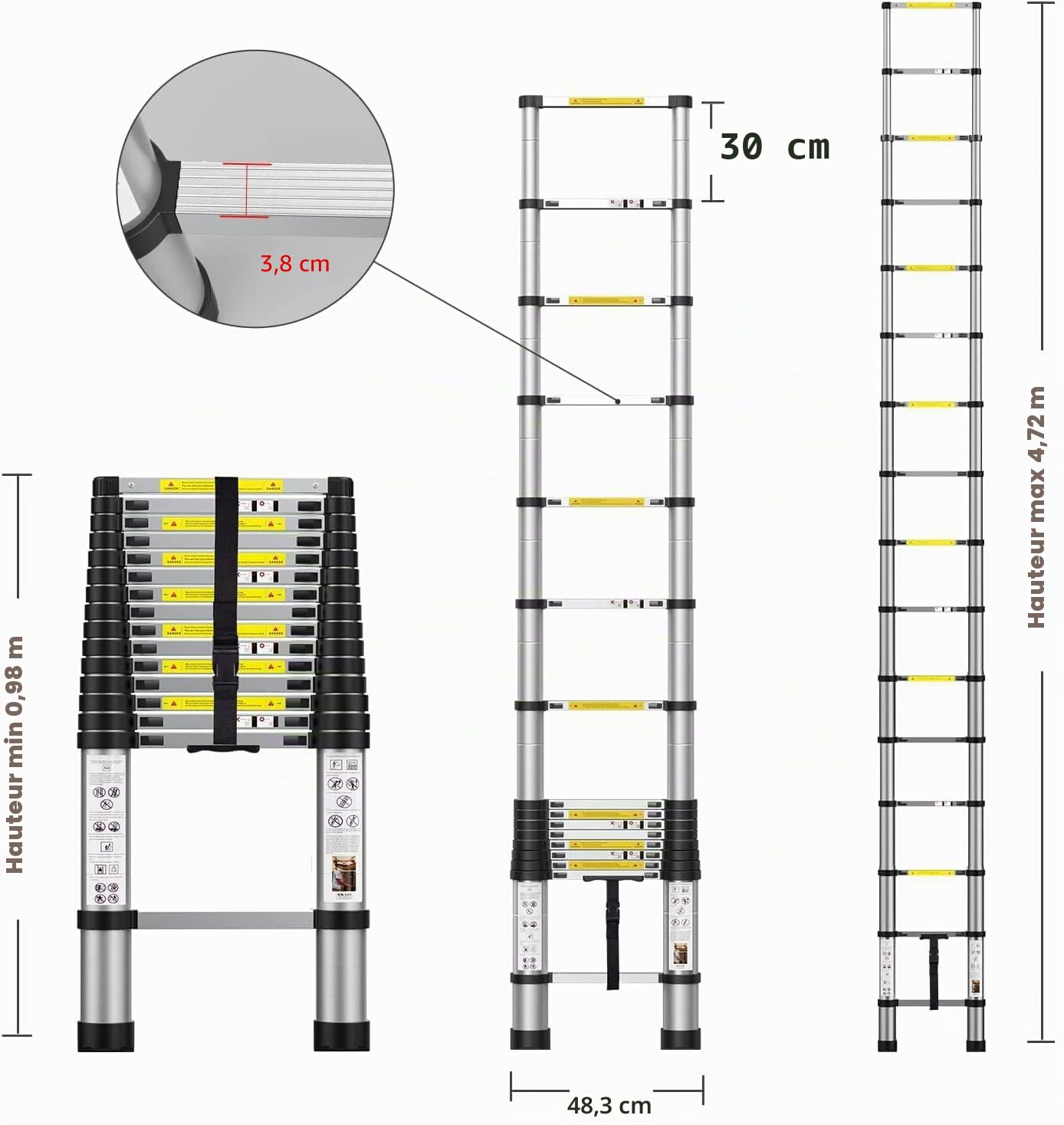 BOWEITI Échelle télescopique de 4,7 m, échelle Pliable en Aluminium avec Pieds antidérapants, échelle compacte légère pour Camping-Car, Maison, extérieur, échelle d'extension d'une capacité de 150 kg