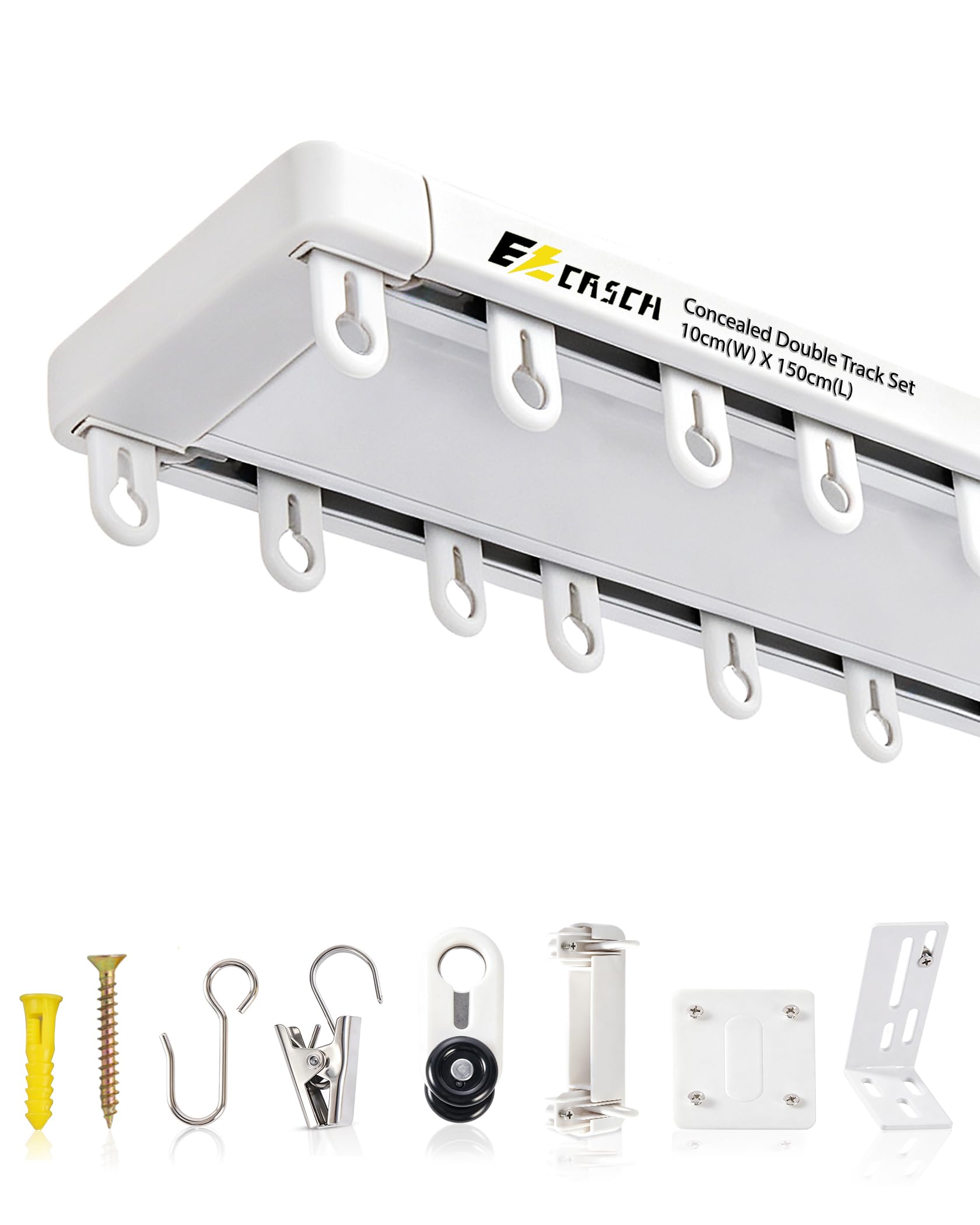 Double Curtain Track 1.5m, Aluminium Heavy Duty Curtain Tracks - Rail x2, Double curtain track, heavy duty aluminium, wall/ceiling mounted, white, full fitting of window/room divider/bedroom