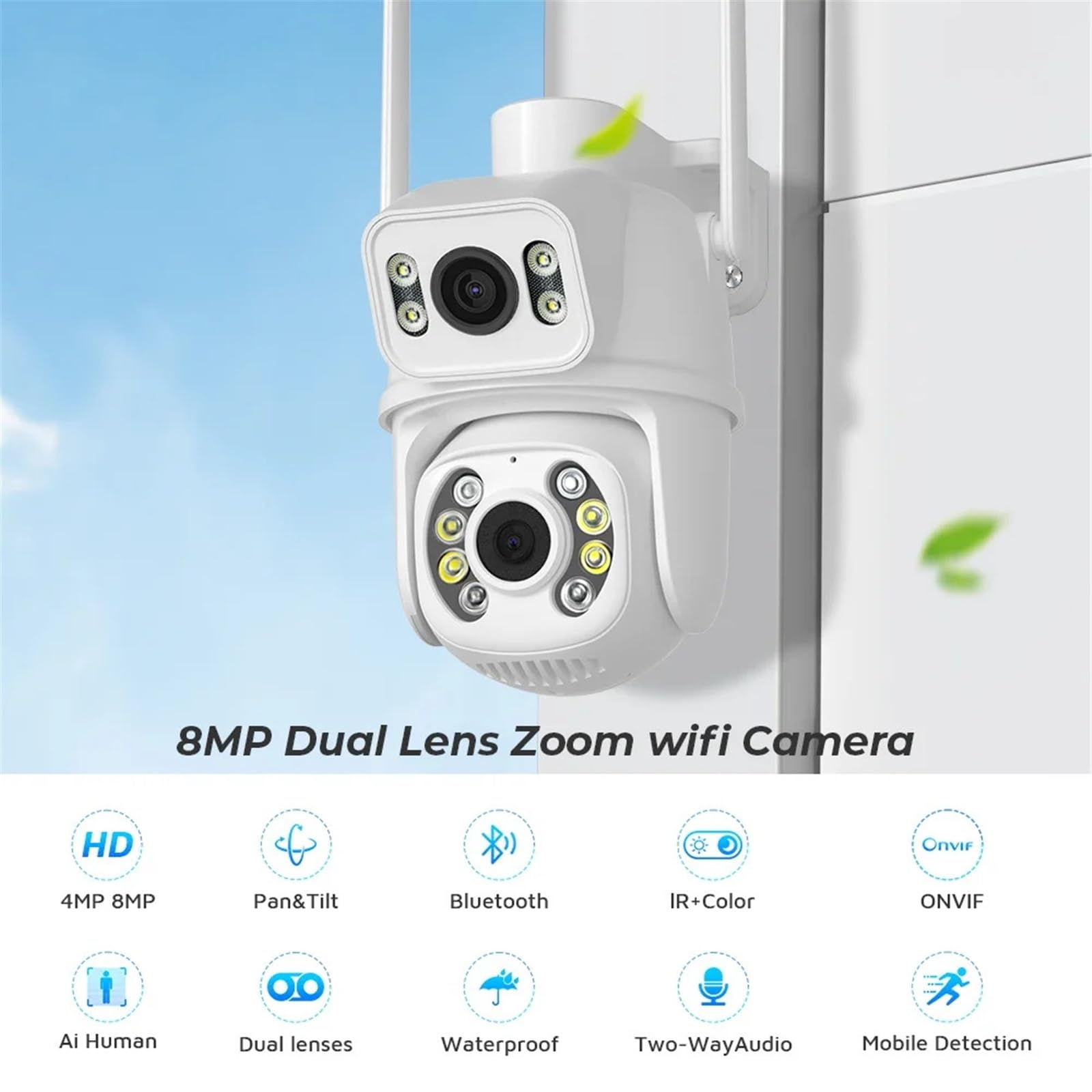Kamera bezpieczeństwa, Kamera monitorująca Wi-Fi z podwójnym obiektywem, wykrywaniem ruchu, 8-megapikselowa, bezprzewodowa kamera IP do monitoringu zewnętrznego funkcją widzenia w nocy(6MP NO SD Card)