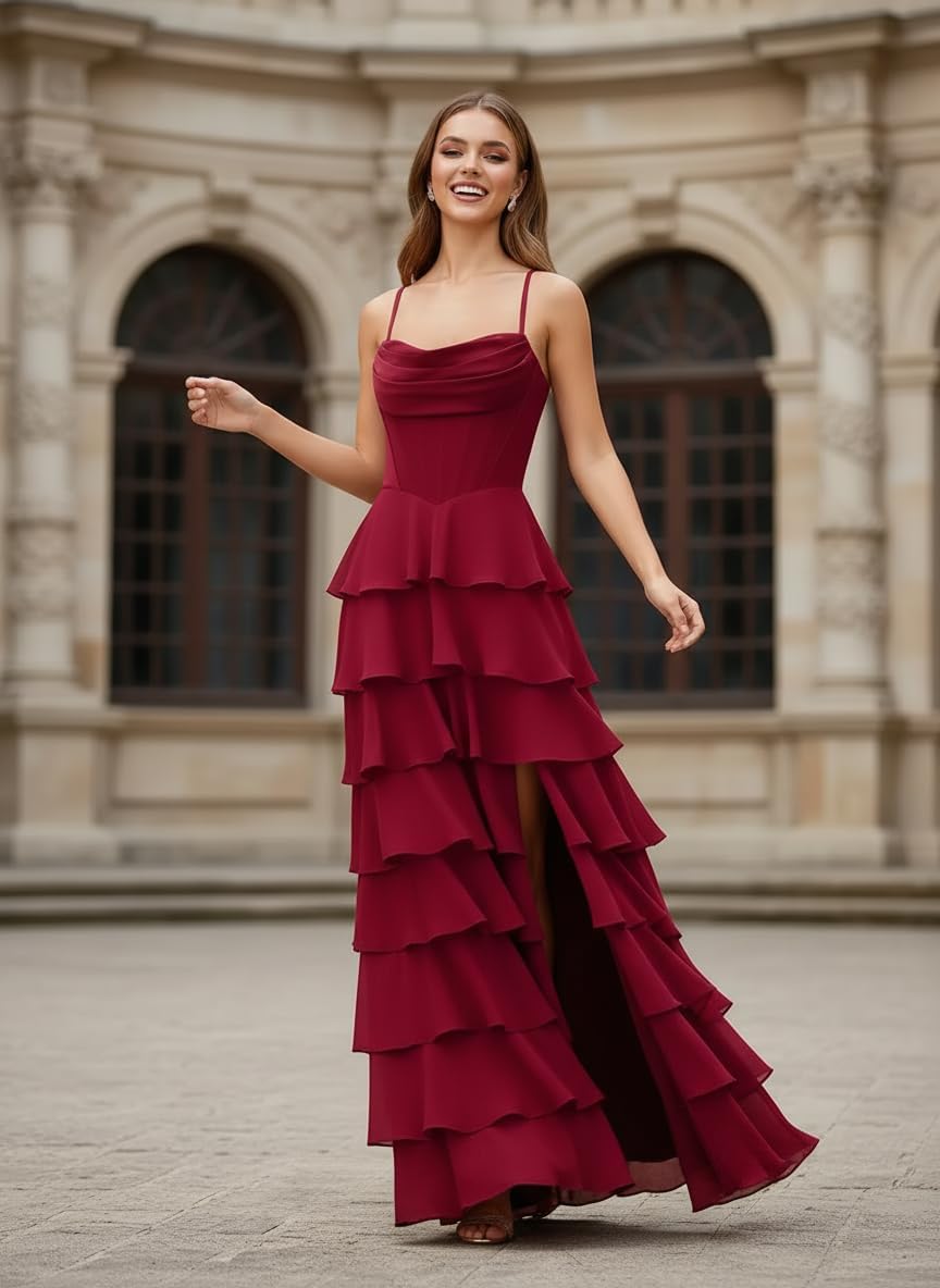Chiffon Tiered Cowl Neck Bridesmaid Dresses Long for Women Spaghetti Straps Formal Wedding Guest Dress with Ruffly - Image 7