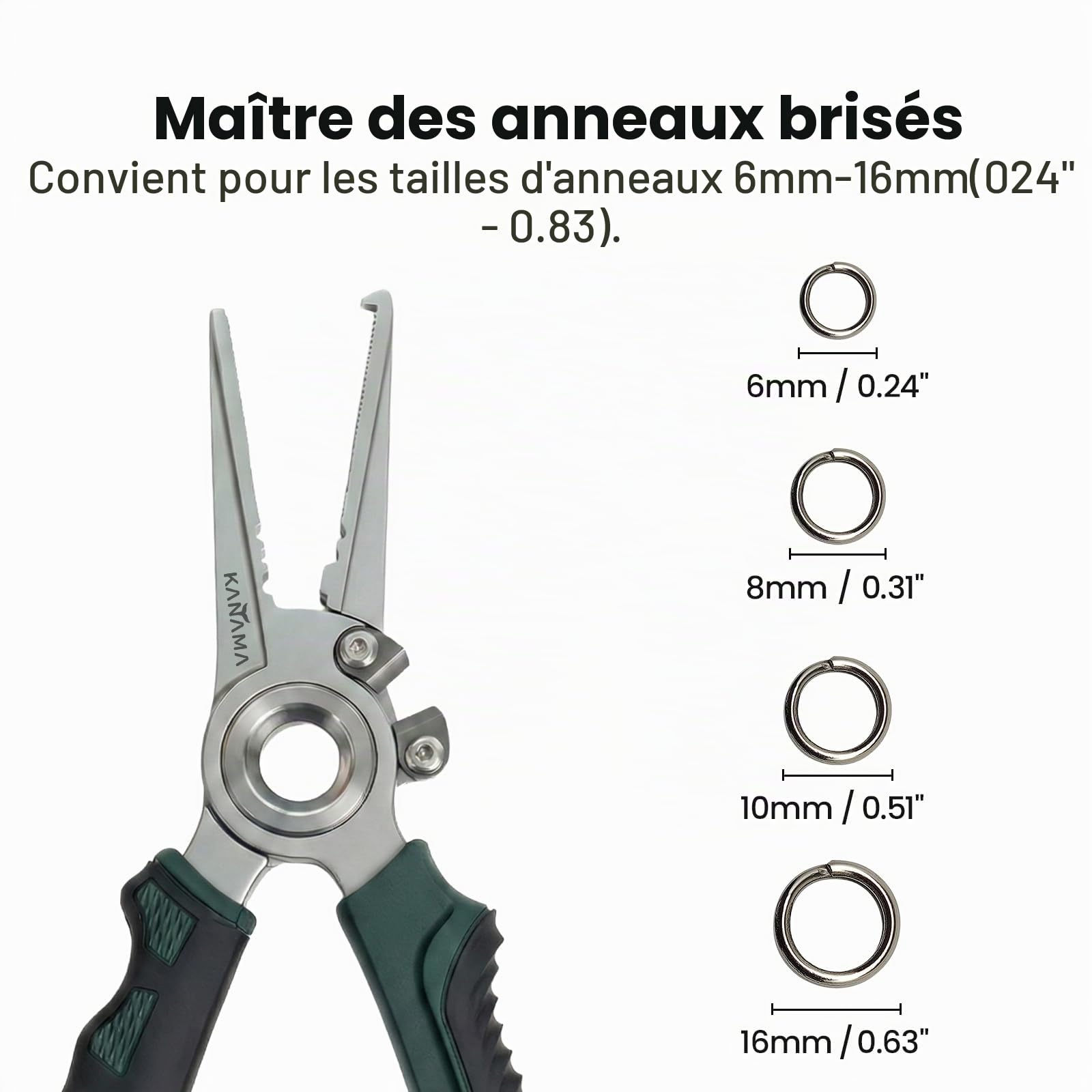 KANAMA Pince de Pêche en Acier Inoxydable 17-4, Pince Pêche en Mer Antirouille 19 cm avec Ouvre-Anneau Brisé, Dégorgeoir et Coupe-Tresse en Carbure de Tungstène, Idée Cadeau Pêche Homme