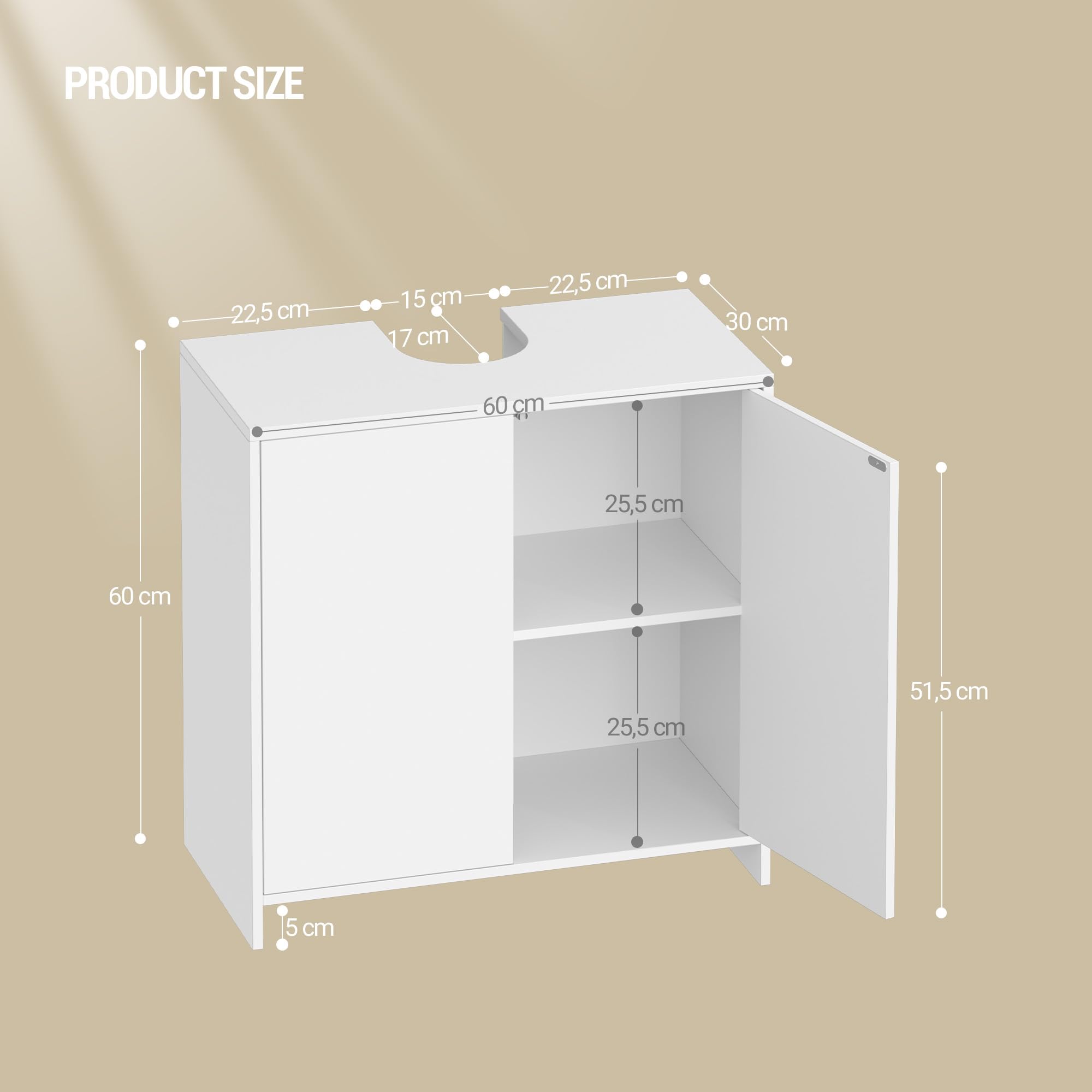 Hzuaneri Waschbeckenunterschrank, Unterschrank, Badezimmerschrank, Verstellbare Einlegeböden, Badschrank mit 2 Türen, Freistehend, Moderner, 30 x 60 x 60 cm, Weiß BC00603X