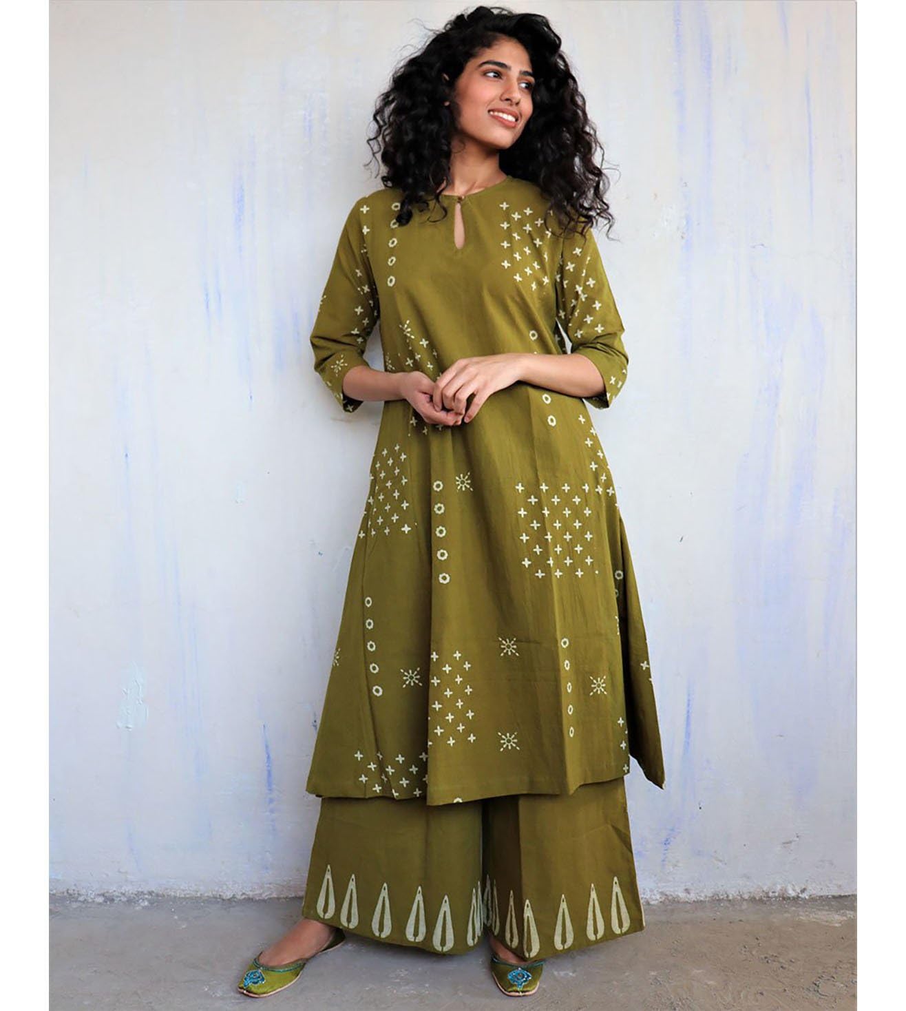 GoSriKi Kurta-Palazzo-Set für Damen, Baumwolle, A-Linie, ausgestelltes Kurta-Set für Damen, Bandhani-Blockdruck, Kurta-Sets für Damen