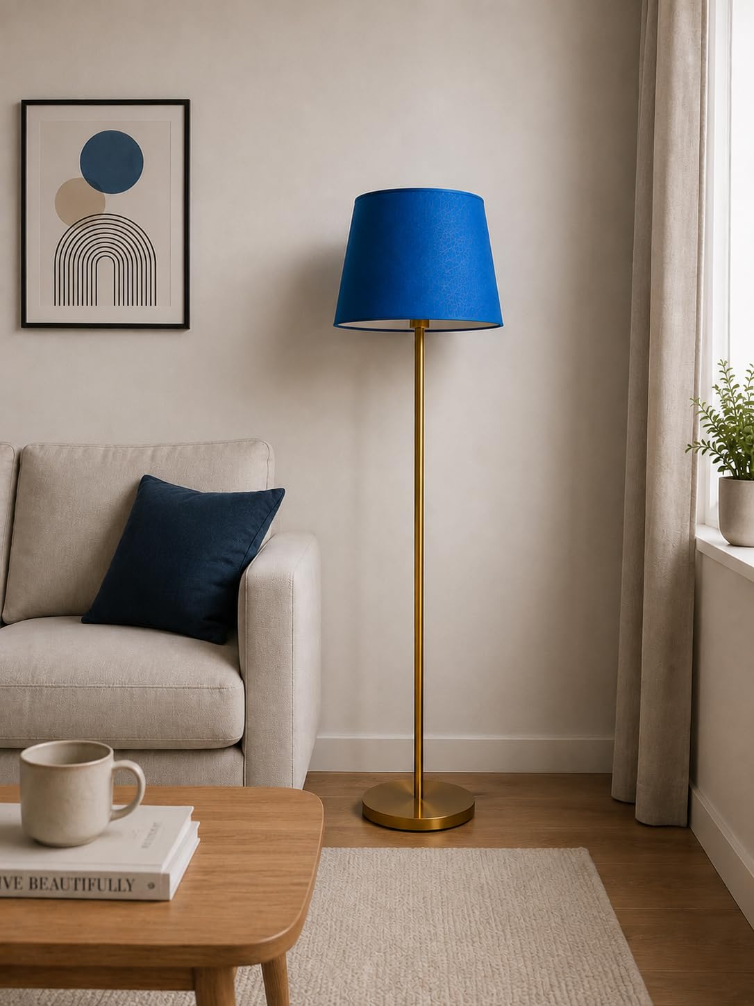 Modern Gold Metal Floor Lamp with Bold Blue Fabric Tapered Drum Shade for Contemporary Living Room Decor-image-34